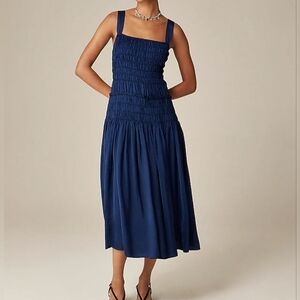 Jcrew Smocked midi dress in summer Navy Blue Bnwt